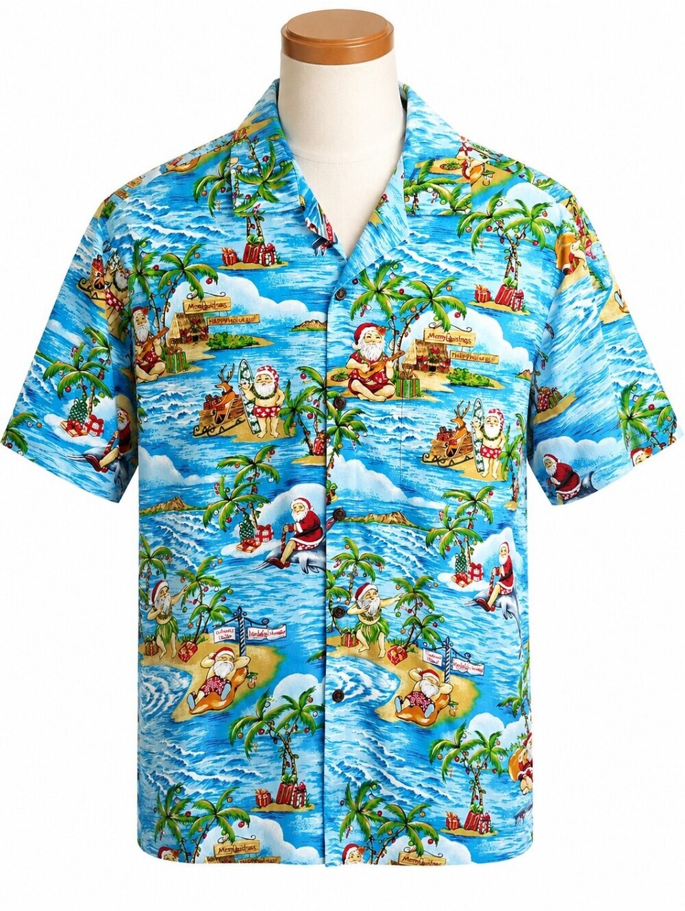 Aloha Republic Christmas Santa Tropical Graphic Print Hawaiian Shirt Sz L Vacay